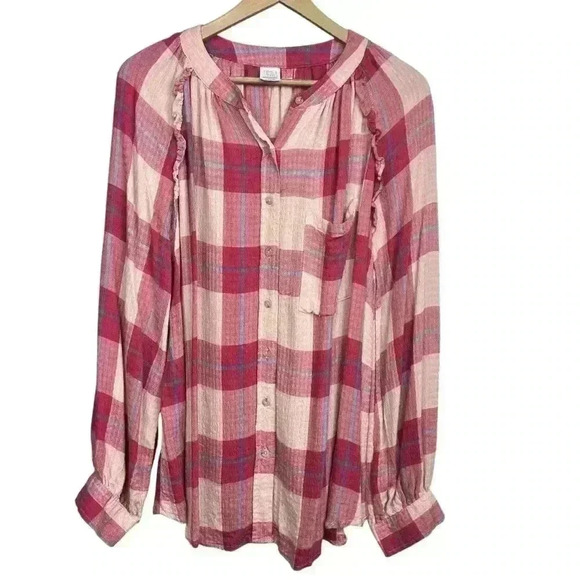 Time and Tru Maternity Pink and Blue Plaid Ruffle Flannel | Size Large - Picture 2 of 4